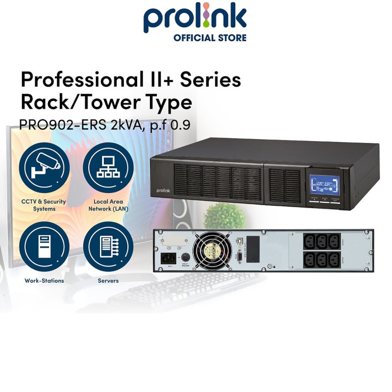 UPS Prolink  | 2KVA - PRO902-ERS, Rack mount, LCD, 4xIEC & 1U, USB, RS232, PF0.9 (battery 9AHx4)